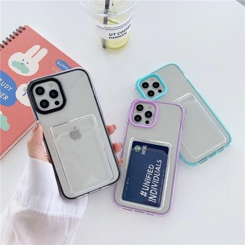 Candy Plain Clear Card Strap Holder Phone Case For iPhone 11 12 Pro Mini X XR XS Max 7 8 Plus SE2020 Soft TPU Texture Back Cover
