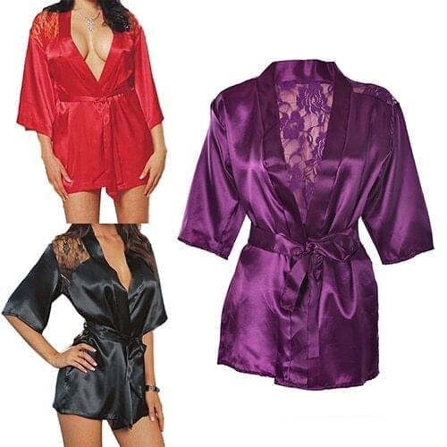 Plus Size Lingerie Set Women Pajamas Bath Robe Gown Sexy Lace Ladies Women Sleepwear Satin Nightwear Femme Bathrobe Bata Mujer