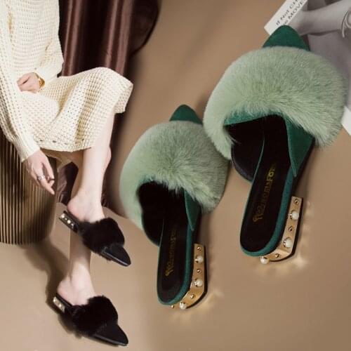 Shoes For Girls Ladies' Slippers Female Mule Cover Toe Slipers Women String Bead Low Luxury Slides Flock Fur Flip Flops Lady