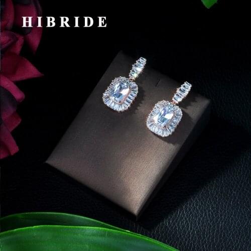 HIBRIDE omantic Wedding Souvenir Jewelry Long Stud CZ Crystal Green Bridal Wedding Chandelier Earring For Bride E-224