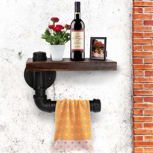 Bathroom Shelves Industrial Retro Iron Toilet Paper Holder Bathroom Hotel Roll Paper Tissue Hanging Rack Wooden Shelf Holder