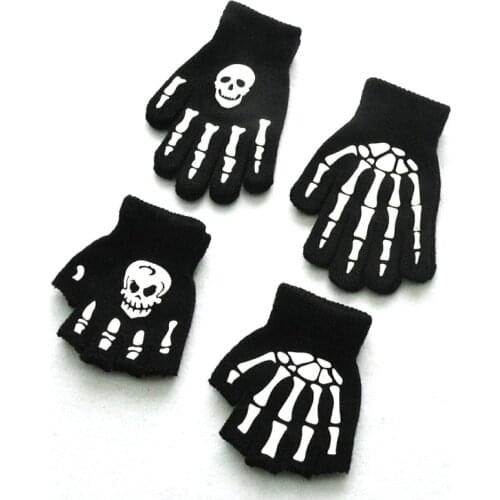 Wecute Knitting Gloves for Children Printing Fluorescent Skeleton Skull 5-11years Half Finger and Full Finger Gloves Cool Autumn