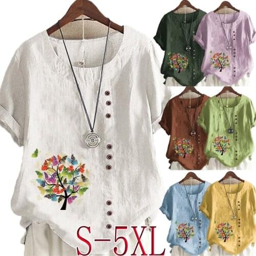 Summer ladies color printing short-sleeved round neck T-shirt ladies casual linen shirt plus size top S-5XL