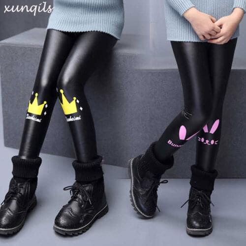 Winter Girls Legging Pants Leather WarmTrousers Children Outwear Kids Thicken Baby Cartoon Clothes