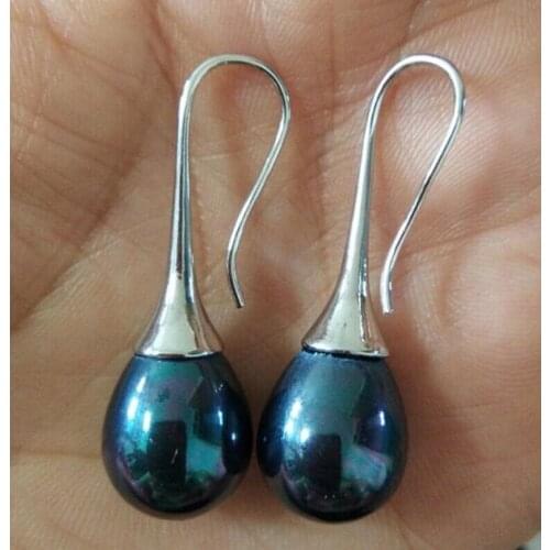 12x16MM Black Multicolor Shell Pearl Silver Hook Earring