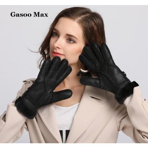2017 Winter Women Gloves Real Leather Wool Fur Female Sheepskin Leather Fur Gloves Winter Warm thickening Gloves black