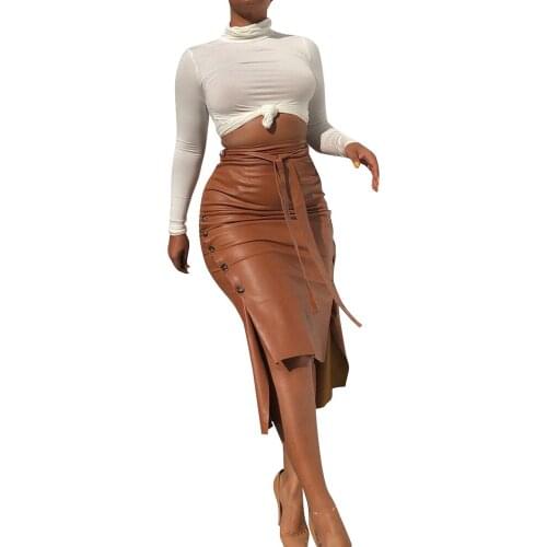 2021 Brown PU Faux Leather Skirt Women Double Button High Waist Midi Jupe Office Ladies Long Pencil Skirts Belt Sexy Split