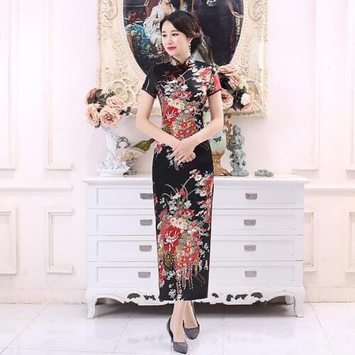 2021 New Women Chinese Short Sleeve Floral Print Brocade Cheongsam Banquet Midi Dress Women Clothing Black M-5XL женское платье