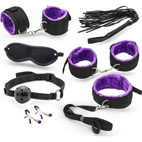 8Pcs SM Leather Handcuff/Mouth Ball/Nipple Clamp/Cotton Rope/Dog Chain/Whip/Blindfold BDSM Flirt Adult Games Sex Toy For Couples