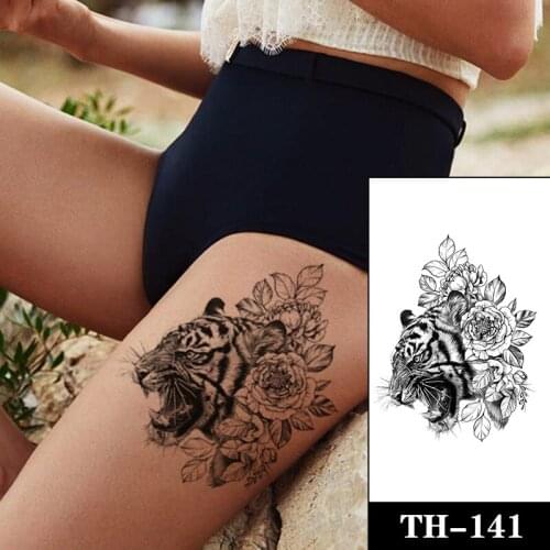 Black Tiger Head Temporary Tattoo Sticker Rose Flower Waterproof Tattoos Leaves Body Art Arm Leg Large Size Fake Tatoo Men Women