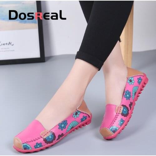 Dosreal 43 44 Fashion Women Flats Cow Leather Shoes Women Slip On Ballet Female Flats Print Flower Woman Shoes Moccasins Loafers