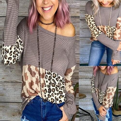 Kili Womens Knitwear Leopard Print Stitching New Long Sleeve Knitwear Casual Loose Tops