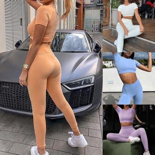 2 Piece Set Women Seamless Set Women Yoga Sets Short Sleeve Crop Top High Waisted Sports Pants Gym Clothing Jogging Suits