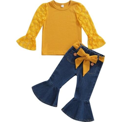 2021 1-6Y Baby Girls Clothes Set Yellow Dot Print Flare Long Mesh Sleeve O-neck Tops+Solid Color Flared Denim Trousers With Belt