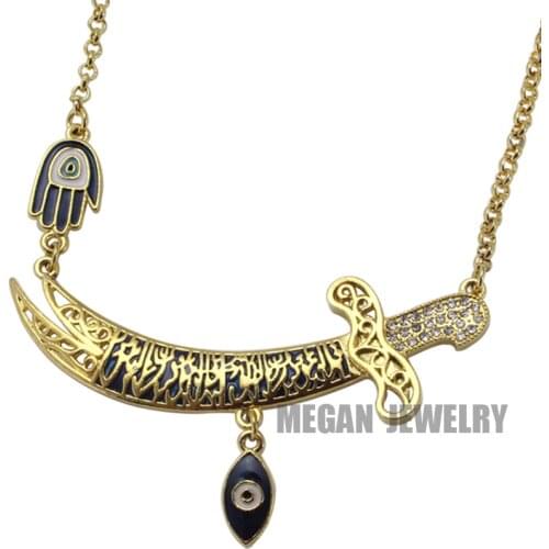 Muslim turkish evil eye Imam Ali Sword Hamsa Hand Of Fatima necklace, islam jewelry fashion 55cm chain