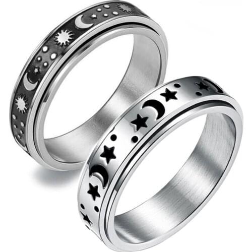 Stars and Moon Rotatable Ring Mens Trendy Retro Niche Design Ins Trend Does Not Fade Titanium Steel Index Finger Ring Female
