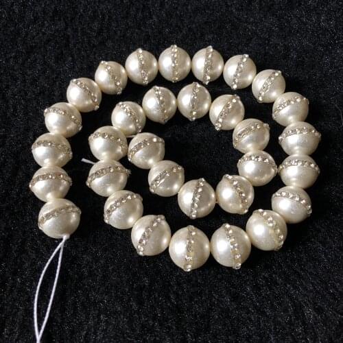 Natural Shell Pearls Beads With Water Crystal,12MM Round Gem Stone Loose Beads CZ Zircon Crystal Inlay,1str 39 beads