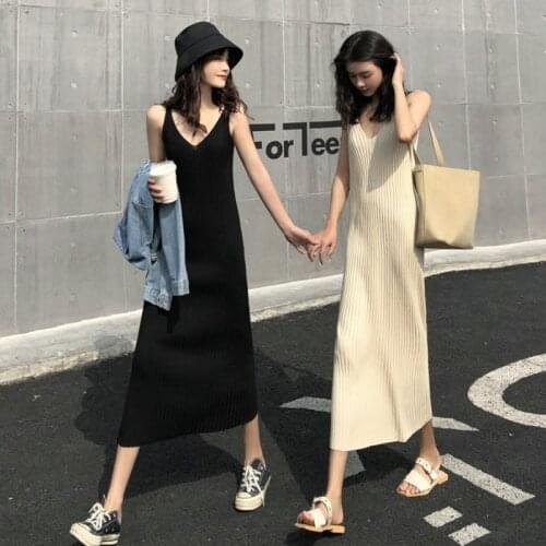 The New Knitted Sling Skirt Womens Long Slim Fit with A Bottom Black Temperament Small V-neck Sweater Dress Dresses