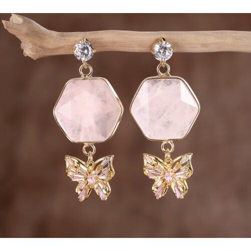 Pink Zircon Pave Butterfly Dangled Hexagon Star Earrings