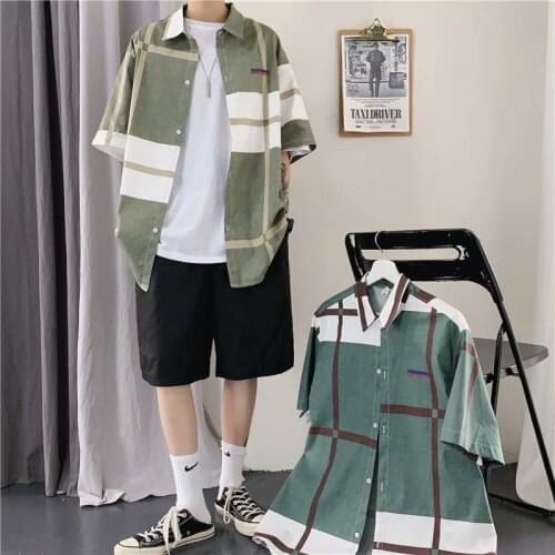 Hong Kong style ins lazy wind hit color plaid short-sleeved shirt Japanese new loose summer half-sleeved lining clothes trend
