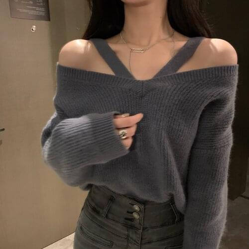 All-Match Sexy Halter Sweater Women One word collar Full Sleeve Pullovers Casual loose Sweaters Female Knitted Cotton Top Autumn