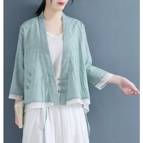 2021 Summer Women Shirt Cotton Linen Embroidery Button Cardigan Three Quarter Sleeve Fashion Vintage Women Tops YoYiKamomo