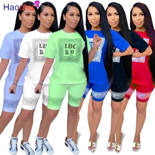 Women Two Piec Set Letter T Shirts And Shorts Set Summer Short Sleeve O-neck Casual Joggers Biker Shorts Sexy Outfit For Woman