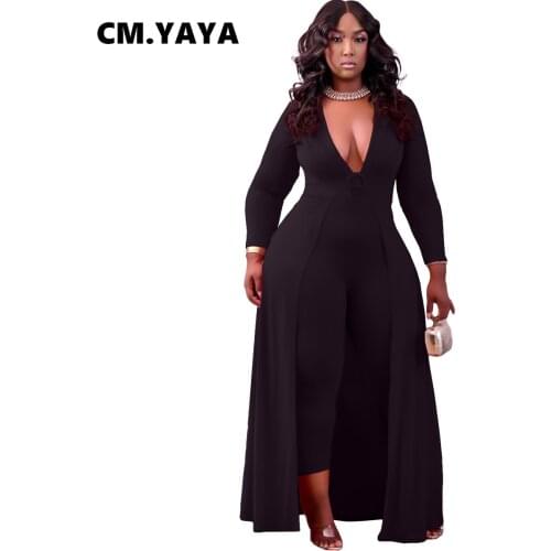 CM.YAYA Women Plus Size Jumpsuit Solid Full Sleeve V-neck Skinny Ankle Length Jumpsuits Fashion One Piece Overalls Autumn 2021