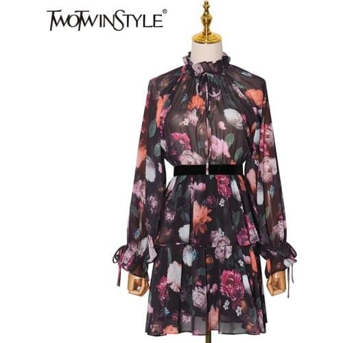 TWOTWINSTYLE Elegant Print Floral Dress For Women Stand Collar Lantern Sleeve High Waist Lace Up Bowknot Chiffon Dresses Female