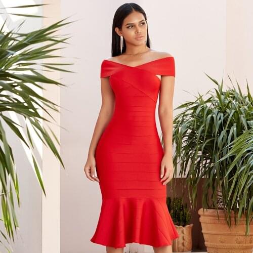Summer Red Elegant Off Shoulder Celebrity Evening Bandage Mermaid Dress Spring New Sexy Short Sleeve Midi Vestidos High Quality