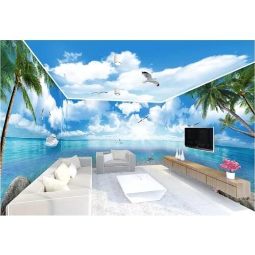 3d wallpaper custom photo mural Blue sky white clouds beach coconut tree landscape decor living room wallpaper for walls 3 d