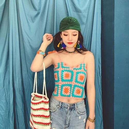 Bohemian Hollowed-Out Girl Japanese-Style Patchwork-Back Knit Halter Top Women Crocheting Summer Resort Bikini