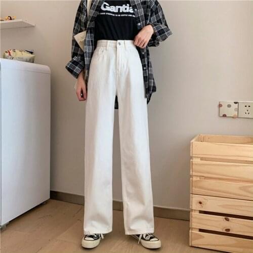 Jeans Womens White Korean Version Loose Wild All-Match College Casual BF Straight Ins Popular Fashion Spring New Trousers