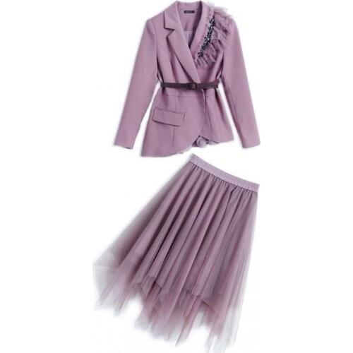 Elegant Pastel Net Yarn Plus Size Luxurious Skirt Set 2 Piece Set Women Conjunto Feminino Ensemble Femme Woman Business Suit