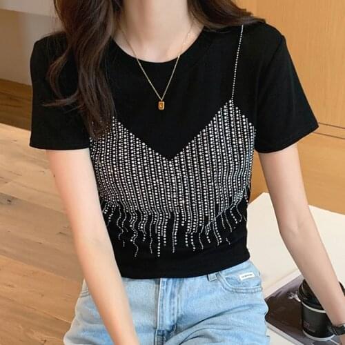 Diamonds T Shirt Women White Cute Short Sleeve 2021 Summer Tops Cotton Black T-shirt Korean Style Woman Clothes Tee Shirt Femme
