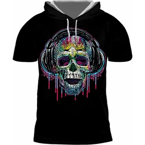 IFPD EU/US Size 3D Print Hooded T Shirt Summer Music Skull Short Sleeve Shirt Plus Size Casual Breathable Funny Shirt Streetwear