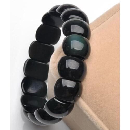 Fine Jewelry Natural Black Obsidian Carved Strand Bracelet Lucky Amulet for Women Men