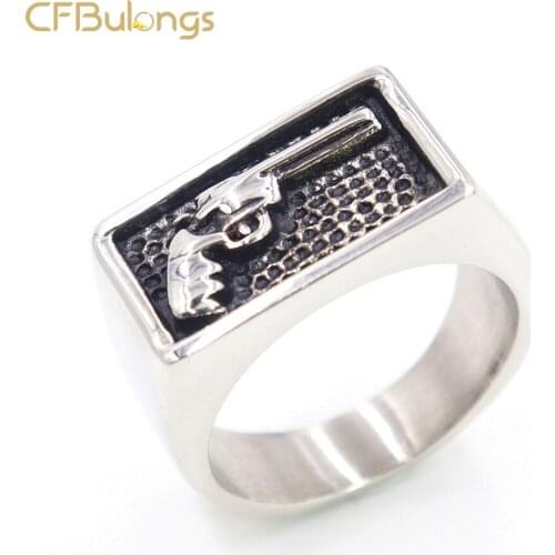 CFBulongs Gothic Stainless Steel Pistol Weapon Mens Ring Punk Cowboy Boyfriend Biker Fashion Jewelry Wholesale Accessories