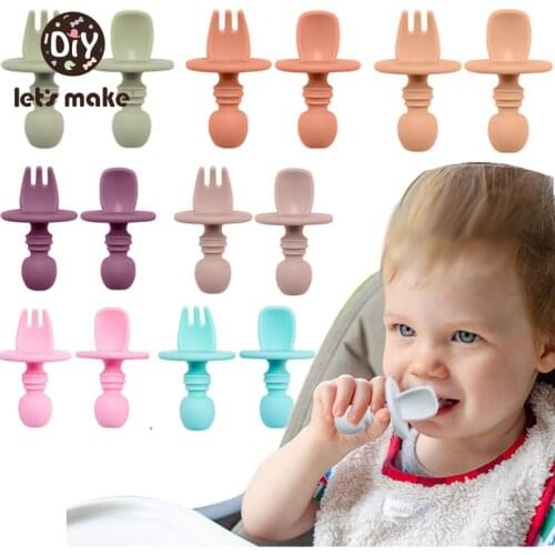 Lets Make 2pcs Baby Silicone Spoon Fork Set BPA Free Cute Learning Lunch Spoon Eating Fork Silicone Tableware Childrens Goods