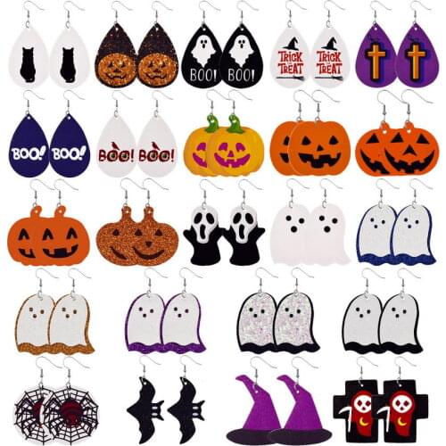 2021 New Arrival Cute All Hallows' Day Motif PU Leather Hat Jack Lantern Drop Earrings for Women Layered Glitter Ghost Earrings