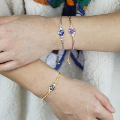 New Concise Style Gold Color Evil Eye Bracelet Pave CZ Blue Eye Adjust Chain Bracelet Fashion Women Charm Bracelet