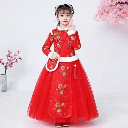 Autumn And Winter Girls Cheongsam Ancient Chinese Pattern Plush Tang New Years Dress Chinese Embroidery Flower Pattern