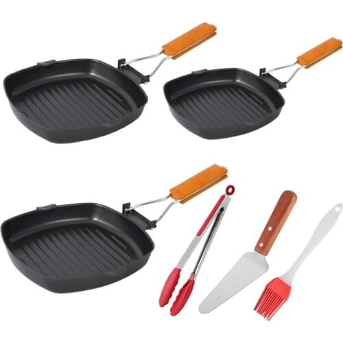 Portable Camping Pan Grilling Cookware Frying Pan with Folding Wooden Handle Durable and Non-Stick Cooking Equipment