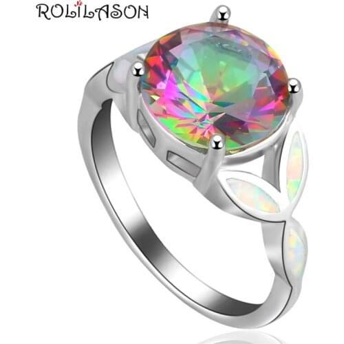 ROLILASON 2019 Stylish Round Multi Zircon Prong setting White fire Opal silver plated Rings USA Ring sz #6#7#8#9#10 OR642