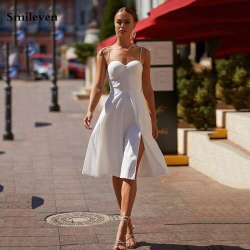 Smileven Ivory Beach Wedding Dress 2021 A Line Short Boho Bride Dresses Spaghetti Straps Vestido De Noiva Wedding Gowns