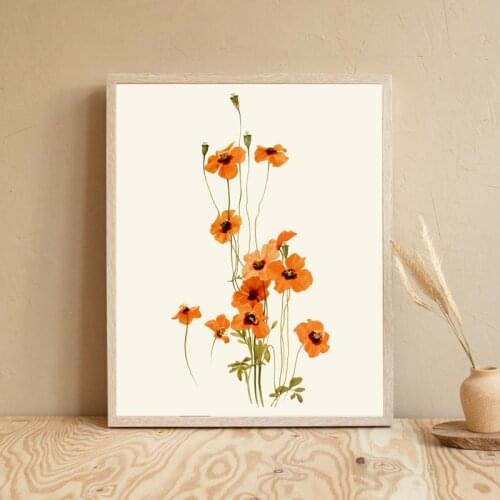 Orange Poppy Flowers Print Wind Poppies Vintage Illustration Poster Botanical Wall Art Canvas Painting Picture Living Room Decor