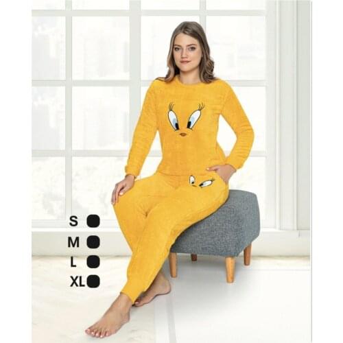 Women Yellow Printed Fleece Pajamas Soft Warm Winter Sweet