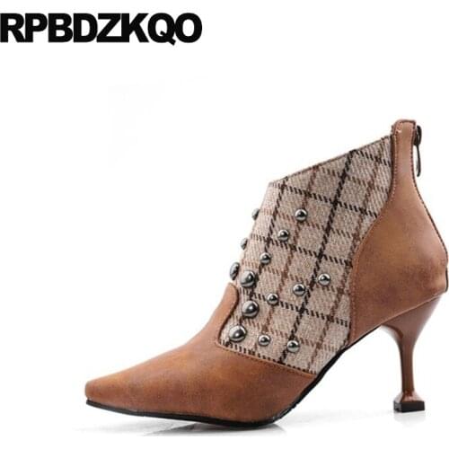 Studded Women Boots Winter 2021 Brown Stiletto Stud High Heel Plaid Ankle Pointed Toe Booties Shoes 10 Big Size Rivet Waterproof