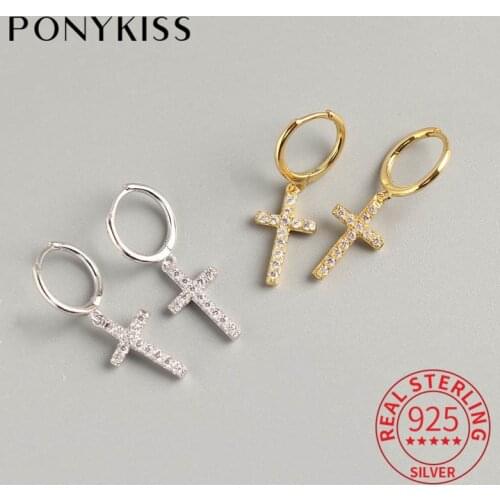 PONYKISS 100% 925 Sterling Silver Zircon Cross Geometric Hoop Earrings Party Fashion Delicate Accessory Lady Birthday Fine Gift