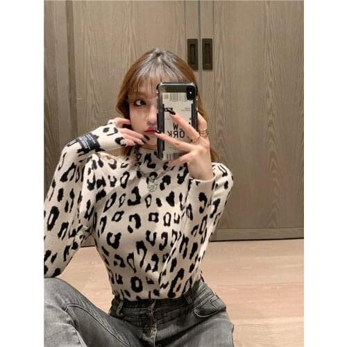 Spring, autumn and winter sweater new high-neck leopard print thickening plus velvet bottoming shirt women long sleeves